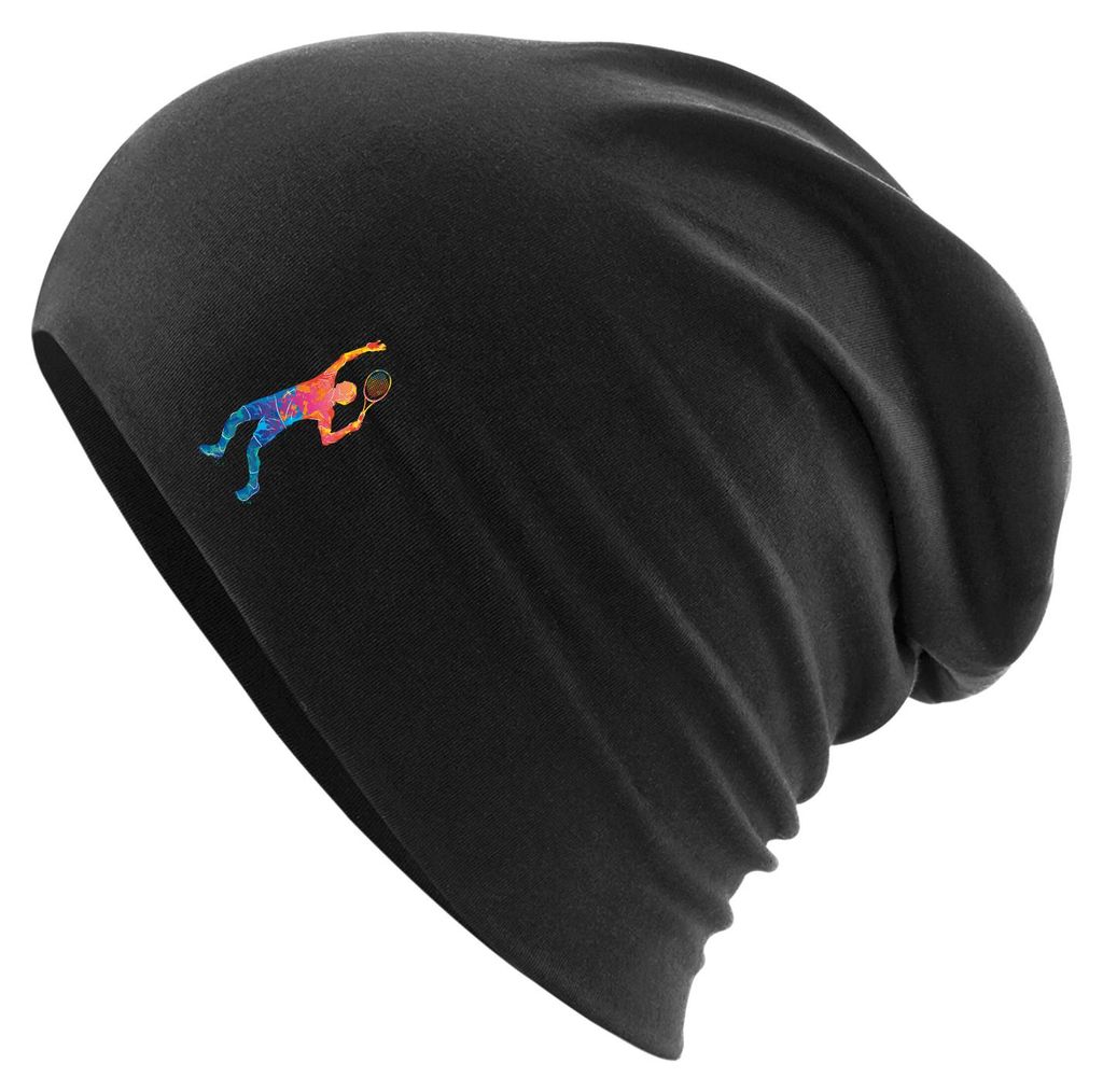 Huuraa Beanie Tennis Spieler bunte Silhouette Black One Size Baumwolle und Elasthan Mütze Geschenkidee