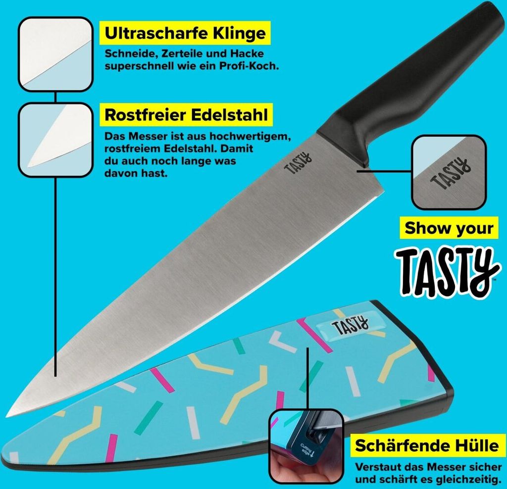 Tasty Kochmesser aus Edelstahl, Küchenmesser mit nachschärfender Klingenschutzhülle