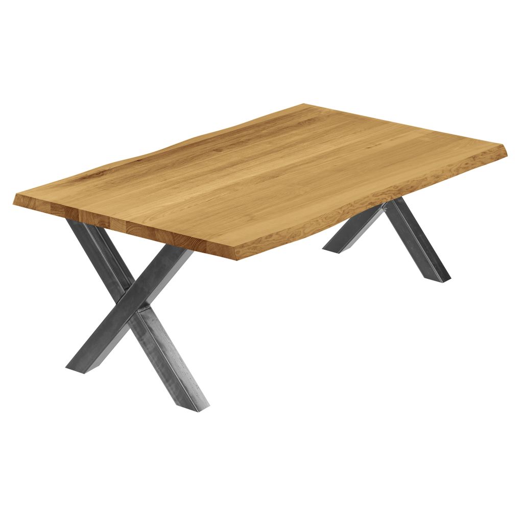 LAMO Manufaktur Esstisch Küchentisch Schreibtisch Couchtisch aus Massivholz, mit Baumkante 120x80x47cm (AxBxH), Design, Rustikal / Rohstahl mit Kl...