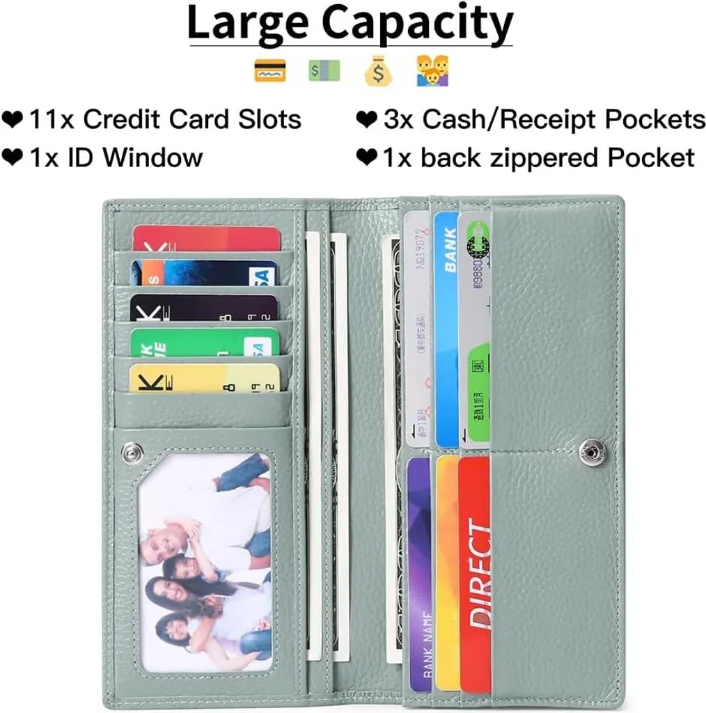 Portafoglio sottile da donna in vera pelle con protezione RFID, 11 scomparti per carte e tasca per monete con zip - Pochette compatta da donna, elegante e pratica - 2
