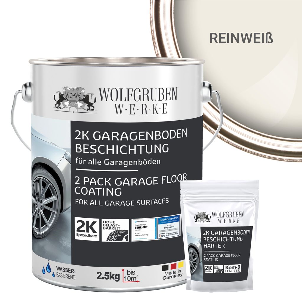 2K Garagenbodenbeschichtung Garagenfarbe Garagenbodenfarbe Epoxidharz Bodenbeschichtung für Garage Werkstatt Keller - Reinweiss l 2,5kg