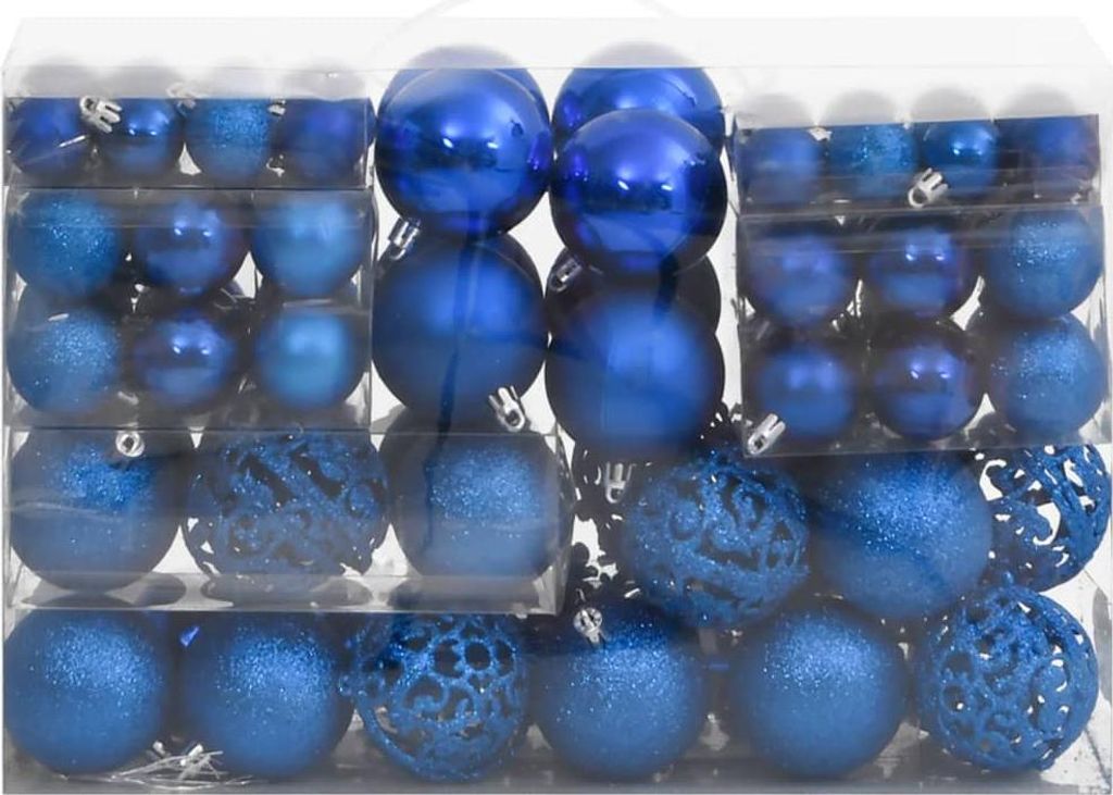 A set of blue Christmas ornaments in clear plastic packaging.