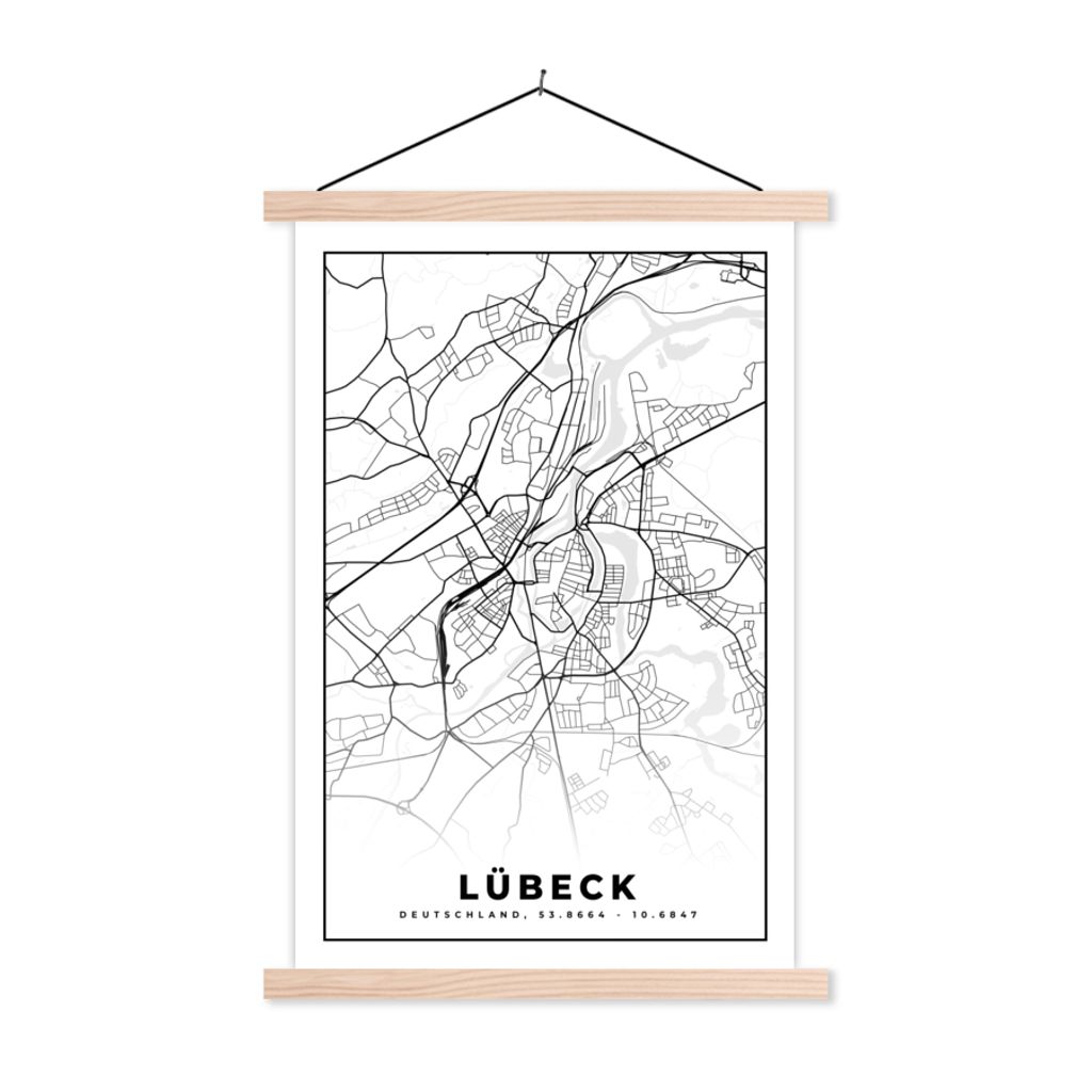 MuchoWow Textilposter Lübeck - Karte - Stadtplan 40x60 cm mit holzfarbenen Rahmen - Poster