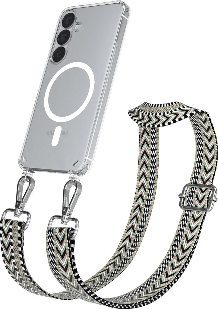 EAZY CASE - Handykette mit MagSafe Hülle für Samsung Galaxy S25, Handyband ZigZag Style,Karabiner Silber, Umhängeband in Grün