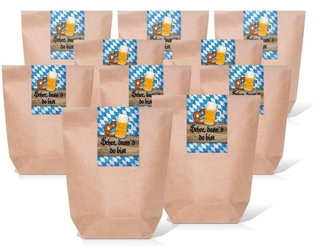 25 kleine braune Geschenktüten Papier-Tüten + beschreibbare Aufkleber Sticker Bayern blau weiße kariert 14 x 22 x 5,6 cm Verpackung Geschenk bay...