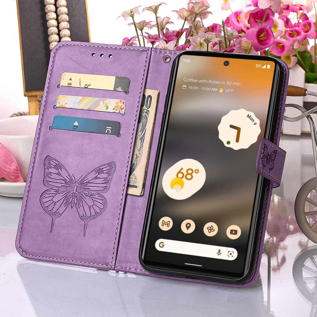 Google Pixel 7A Pouzdro, Motýlí Reliéf Flip Kožené Pouzdro Obrázek produktu 
