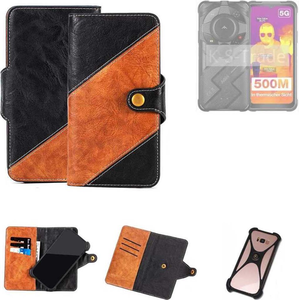 K-S-Trade Handyhülle Schutzhülle Bookstyle Case Wallet-Case kompatibel mit AGM G2 Guardian Handy Cover Bumper Klapphülle schwarz hellbraun 1x