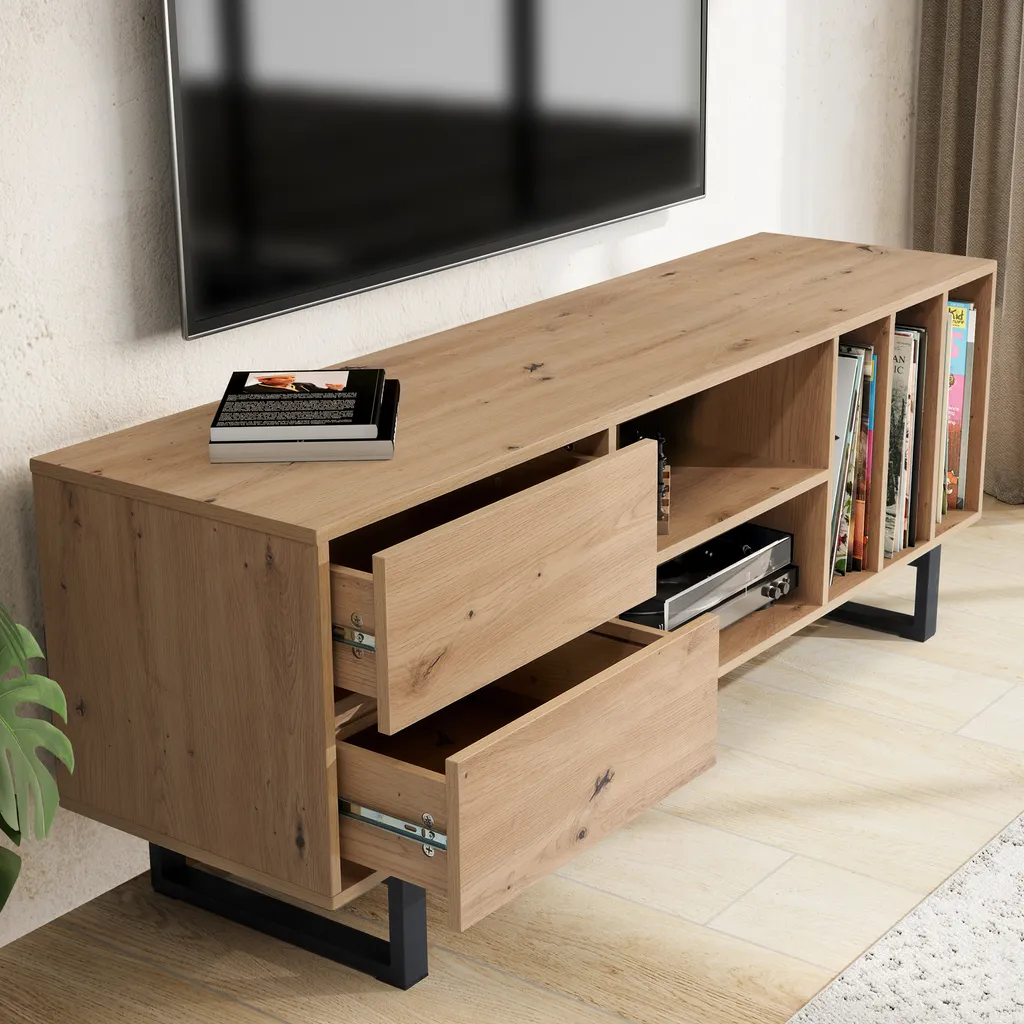 Banc TV salon chêne 150 cm table de télévision moderne avec rangements bois