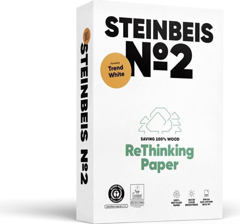 No. 2 - Trend White - Recyclingpapier A4 80g weiß 500 Blatt. Packung mit 5 Stück