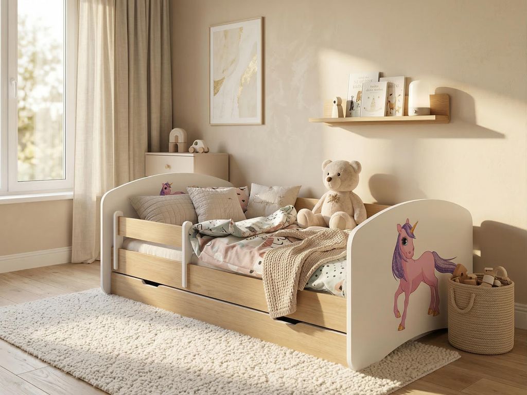 Kleinkindbett 140x70 cm mit Stauraum | Kinderbett "Happy" Birne Nachbildung | Inklusive Sicherheits-Rausfallschutz, Abnehmbarem