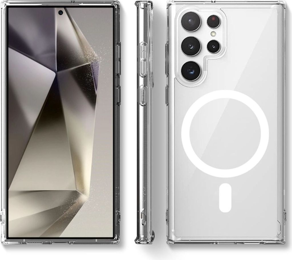A clear, professional studio shot of a transparent phone case with a magnetic ring for wireless charging, shown from three different angles: front, side, and back.