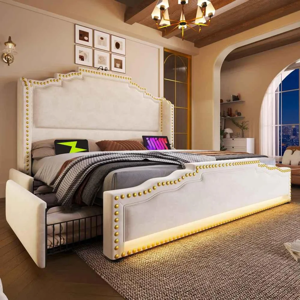Gagnez de la place avec ce lit 140x200 en velours beige à tiroirs et LED