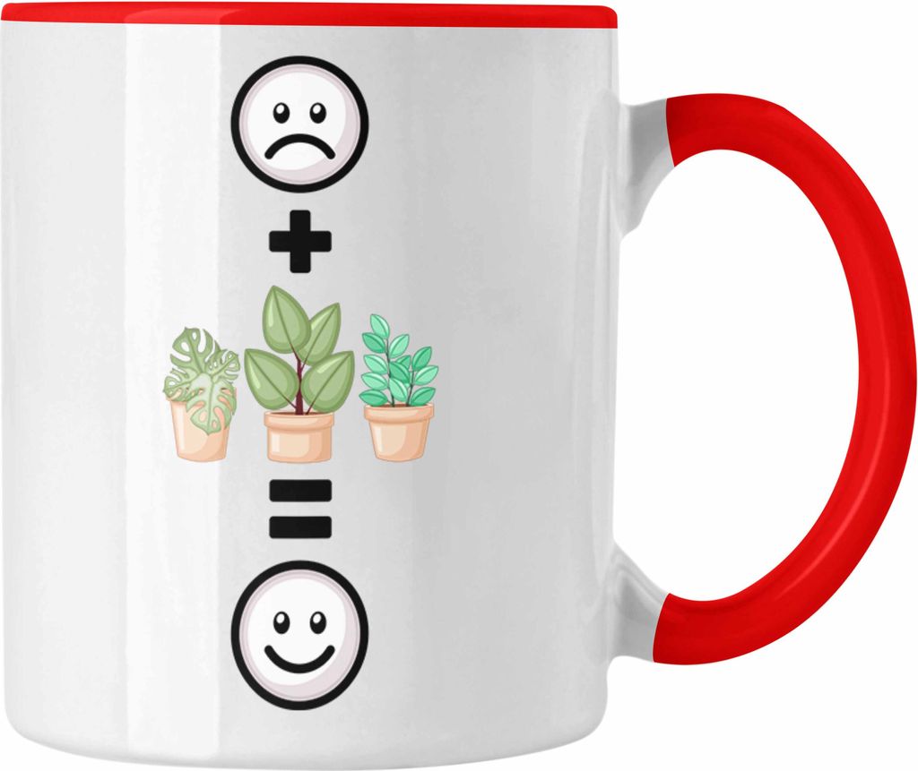 Trendation - Pflanzen Tasse Geschenk für Pflanzen-Liebhaber Grüner Daumen Geburtstag Lustige Geschenkidee :( + Pflanzen+ = :) (Rot)