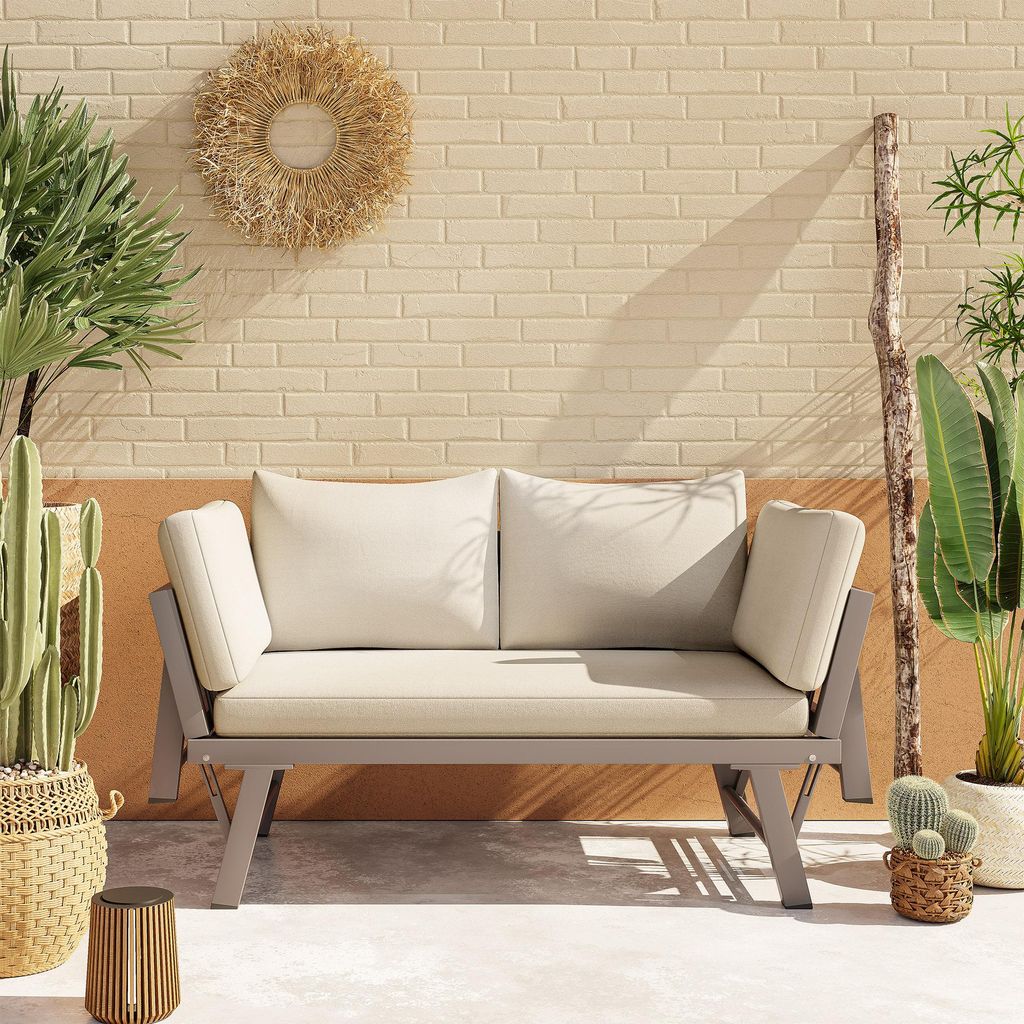 Flieks Gartensofa 2-Sitzer-Sofa mit Klappbaren Armlehnen, Gartenmöbel-Set mit Kissen, Doppelsofa Outdoorsofa mit Liegefunktion, Beige