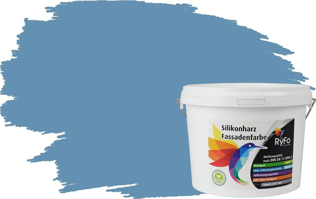 RyFo Colors Silikonharz Fassadenfarbe Lotuseffekt Trend Pastellblau 3l - bunte Fassadenfarbe, weitere Blau Farbtöne und Größen erhältlich, Deck...