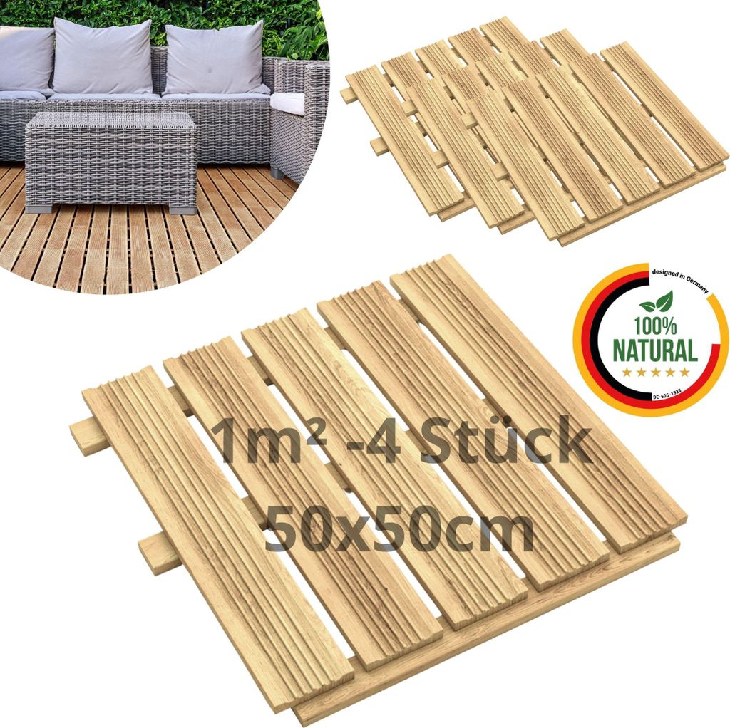 Floranica Holzfliese 4 Stk. /1 m² 50 x 50 cm Unbehandelt Terrassenfliese Lärchenholz Balkonfliesen Trittplatten