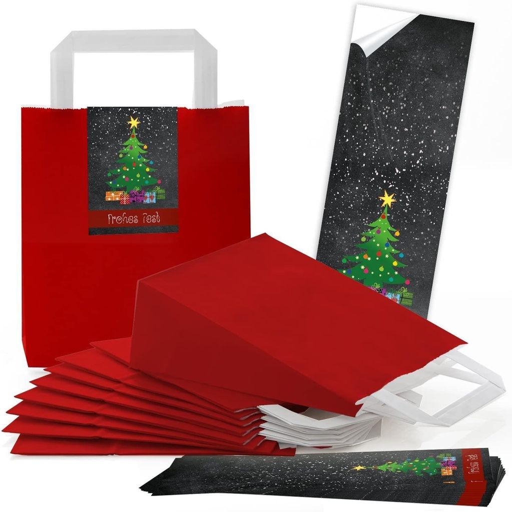 25 rote weihnachtliche Papiertüten Geschenktasche Henkel mit Boden 18 x 8 x 22 cm + 25 Aufkleber FROHE WEIHNACHTEN ALLES GUTE FÜRS NEUE JAHR bunt...