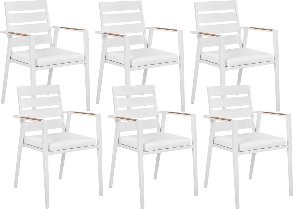 BELIANI Gartenstuhl 6er Set Weiß Aluminium mit Sitzkissen Weiß Stoff Armlehnen Holzoptik Stapelbar Modern Outdoor Indoor Terrasse Balkon Ausstattung