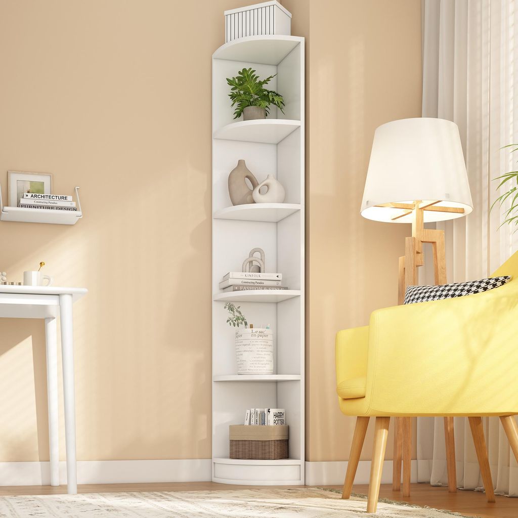 okwish Eckbücherregal Highboard Bücherregal mit starke Tragfähigkeit,Lagerregal mit fünflagiges Regal aus MDF,weiß