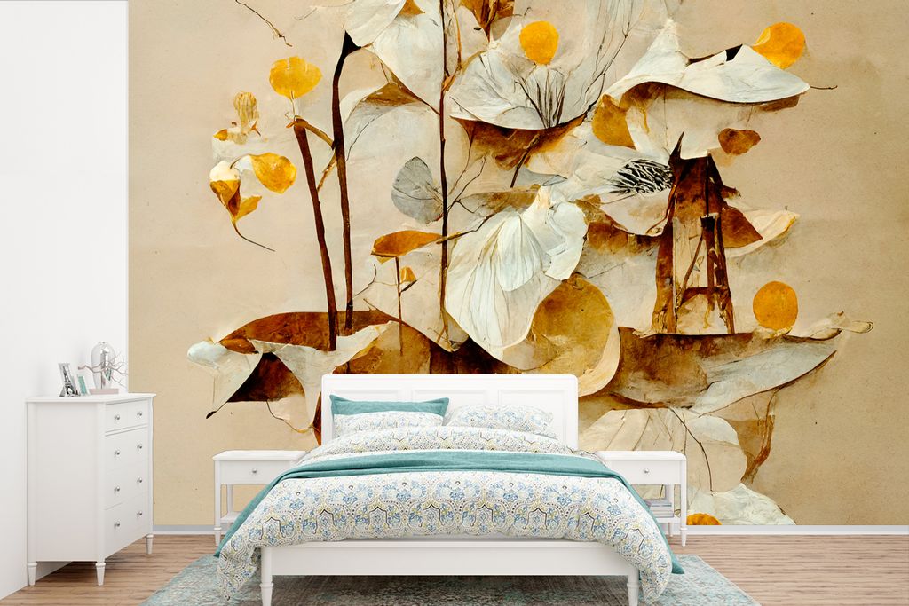 MuchoWow Fototapete für Wohnzimmer oder Schlafzimmer Wandtapete Vinyl Motivtapete Blumen - Weiß - Pflanzen - Vintage - 390x260 cm - Papiertapete