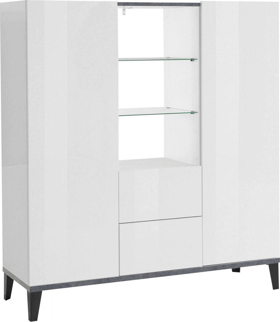 Kommode Dla, Küchen-Sideboard mit 2 Türen und 2 Schubladen, Wohnzimmer-Buffet, 100% Italy, cm 120x40h133, glänzend weiß und Schiefer