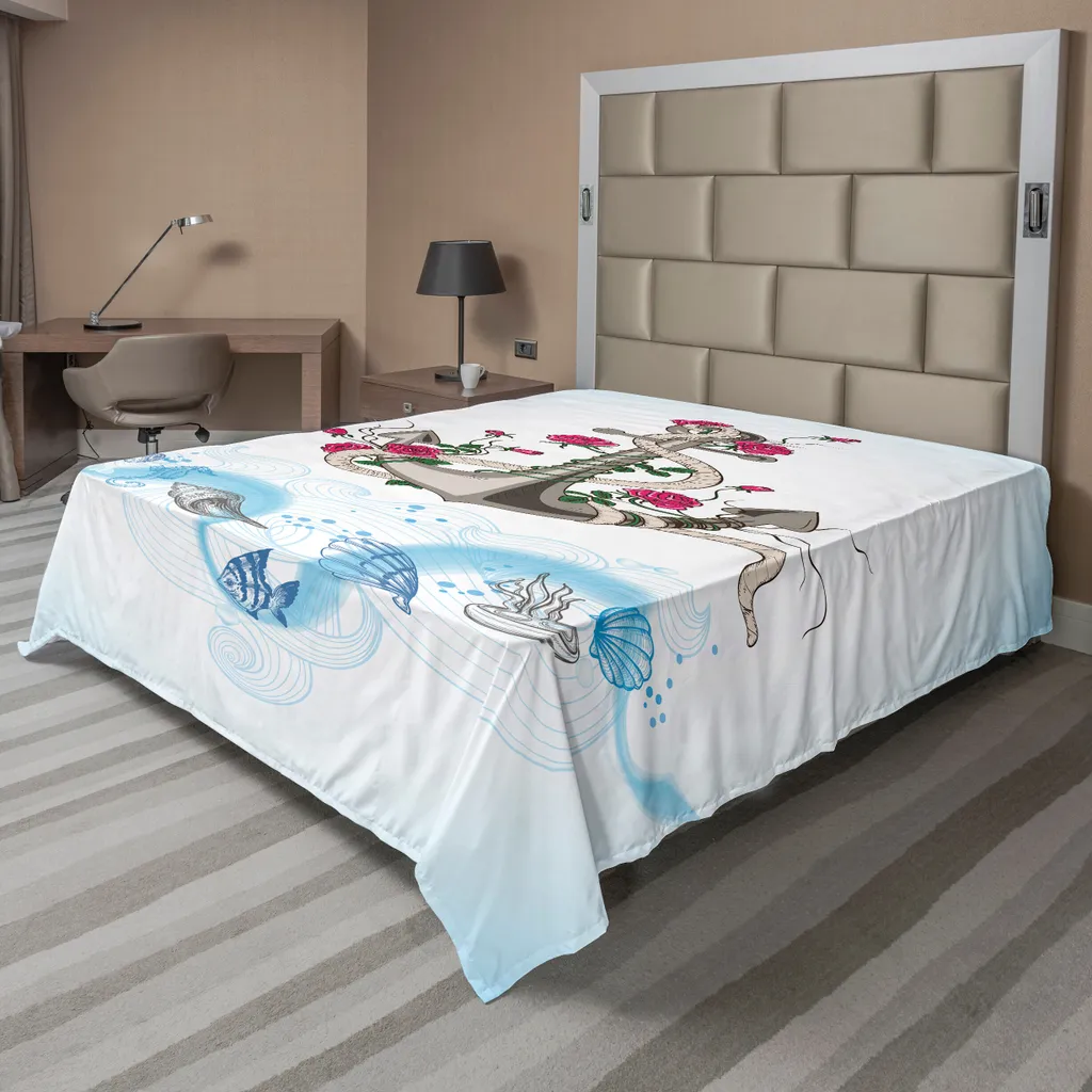 Drap plat nautique ABAKUHAUS 260x228 cm avec motifs ancres et roses