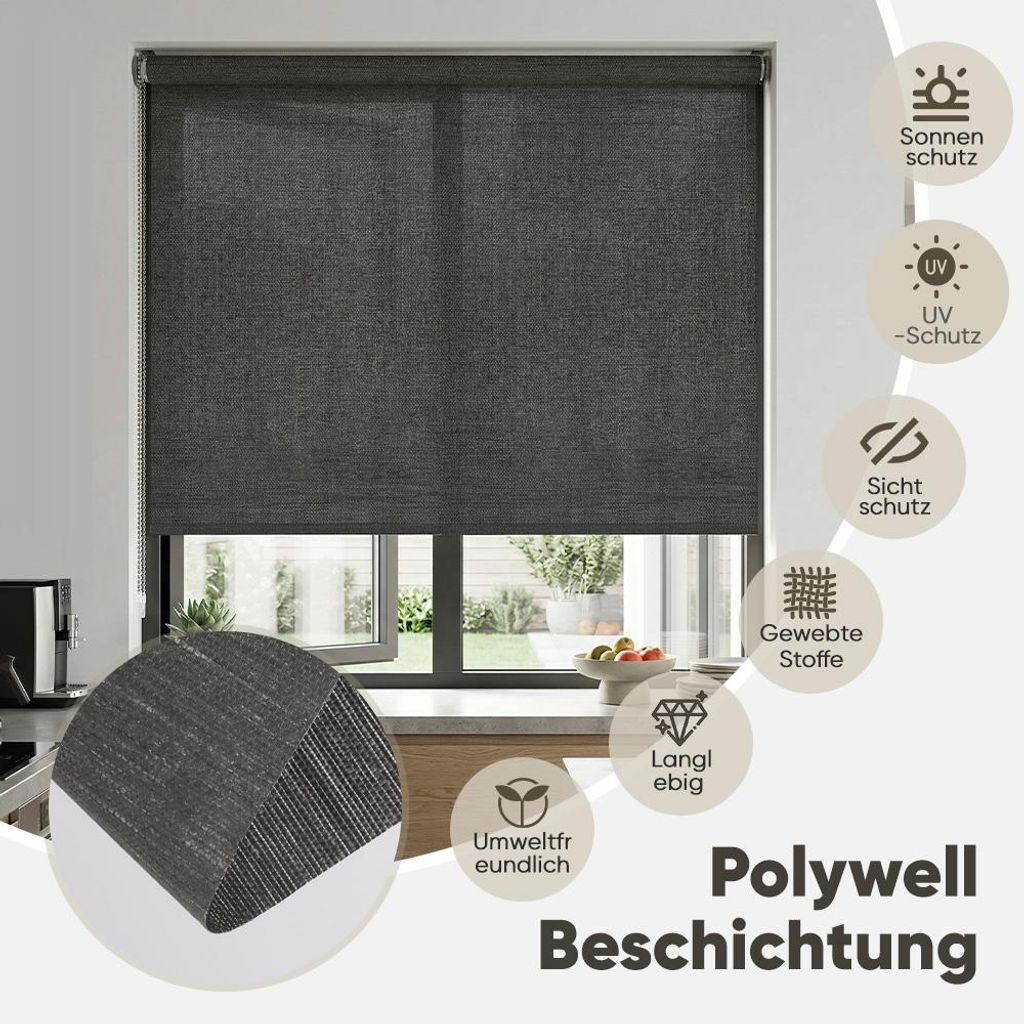 Fensterrollo 65x150cm Grau Thermorollo Klemmfix ohne Bohren Verdunklungsrollo Seitenzugrollo Sonnenschutz Sichtschutzrollo Papier-Polyester-Stoff