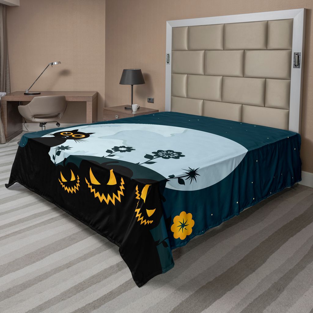 ABAKUHAUS Halloween Bettlaken, Netter Katzen-und Laternen-Mond auf Blumenfeld mit sternenklarer Nachthimmel-Stern-Karikatur-Kunst, weiches bequemes...