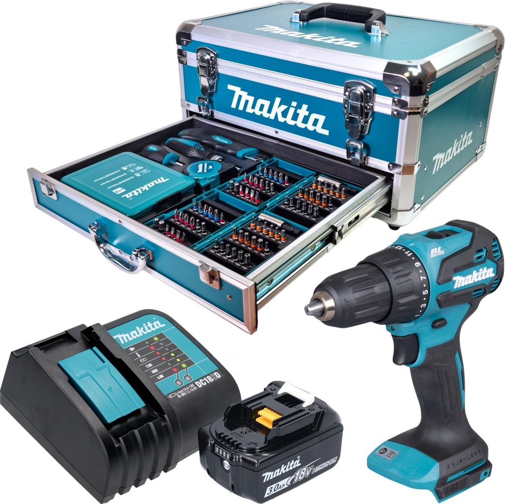 Makita DHP 490 SF1X9 Akku Schlagbohrschrauber 18 V 65 Nm Brushless + 1x Akku 3,0 Ah + Ladegerät + 96 tlg. Zubehör Set + Koffer