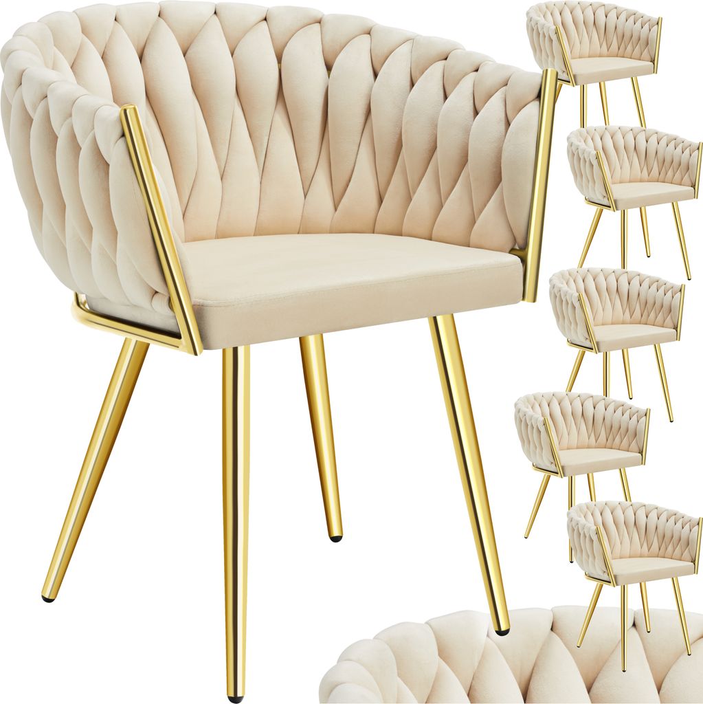 Multiple beige upholstered chairs with gold legs are displayed against a white background. The main chair is shown in full, while smaller images of other chairs are arranged to its right.