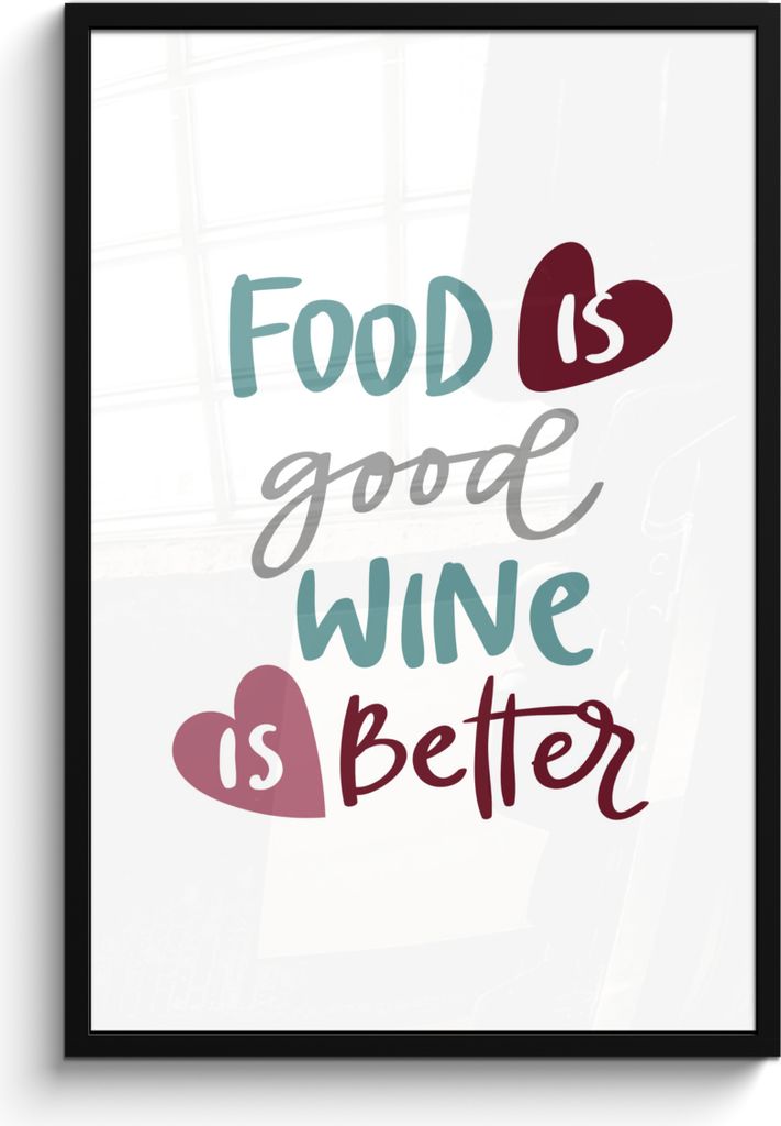MuchoWow MuchoWow Gerahmtes Poster Weinzitat "Essen ist gut, Wein ist besser" mit Herzen 60x90 cm - Poster mit zchwarzem Bilderrahmen - Kunst