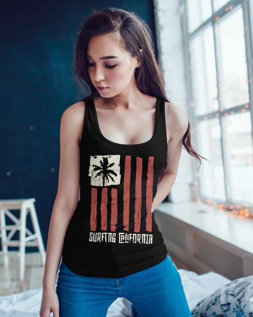 Damen Tank-Top USA Amerika Surfing California Flagge Surf Design Retro Printshirt Aufdruck Fashion Racerback Neverless schwarz M