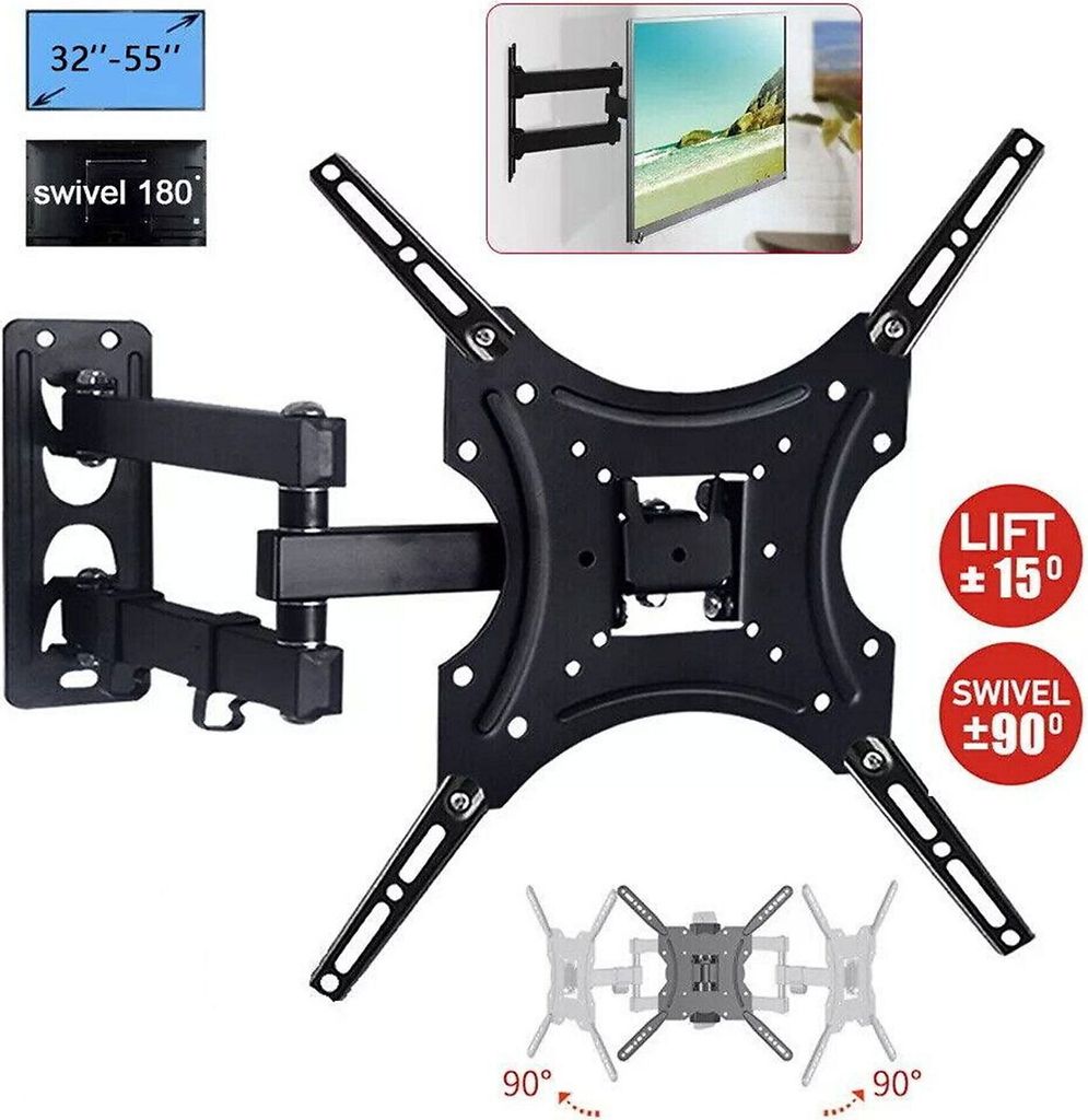 FORSMANO TV Wandhalterung, für 32–55 Zoll, Schwenkbar bis 90°, neigbar +5° bis -15°, VESA 400x400, max. 25 kg Tragkraft, Schwarz