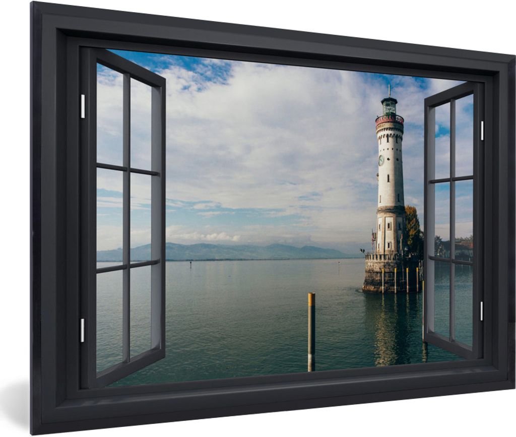 MuchoWow MuchoWow Gerahmtes Poster Aussicht - Wasser - Leuchtturm 30x20 cm - Poster mit zchwarzem Bilderrahmen - Kunstdruck - Bild-Poster