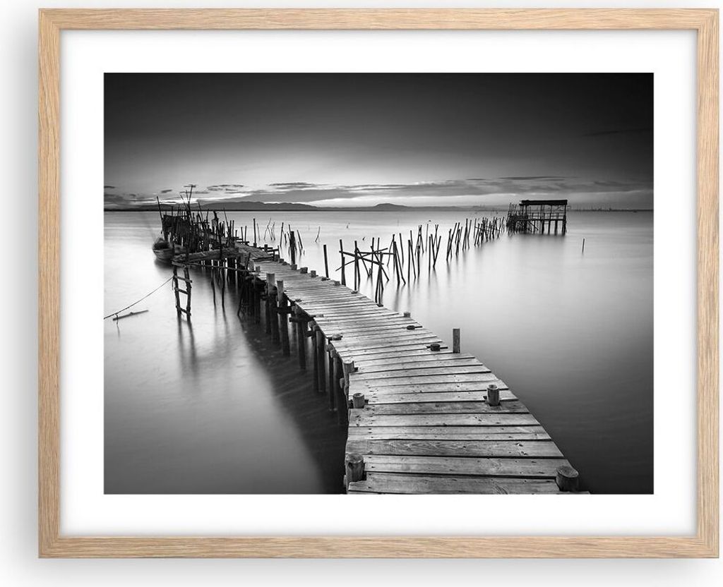 Gerahmtes Poster - Rahmen in heller Eiche - Meer Brücke Landschaft Natur - 50x40 cm - Wand Bild - Wanddeko - Wandbilder - Wandposter - Bilderrahme...