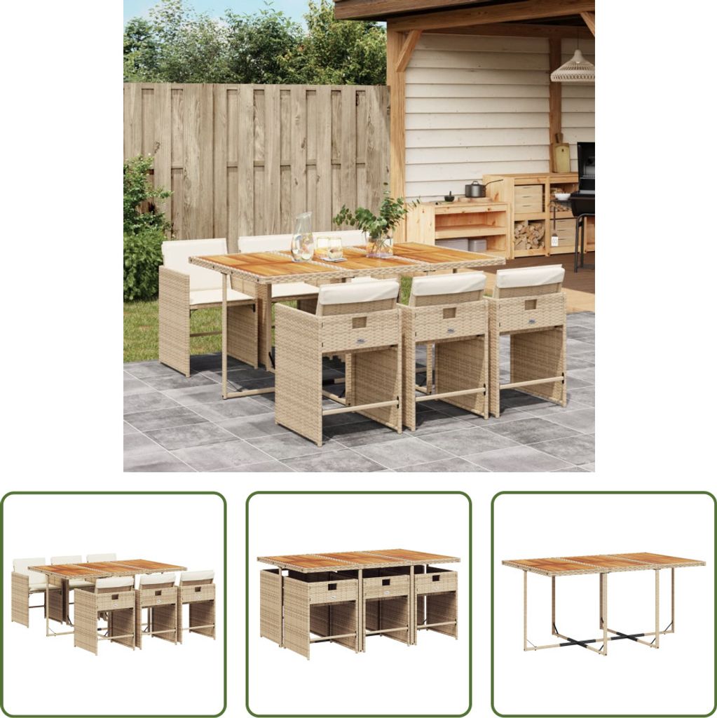 The Living Store 7-tlg. Garten-Essgruppe mit Kissen Beige Poly Rattan