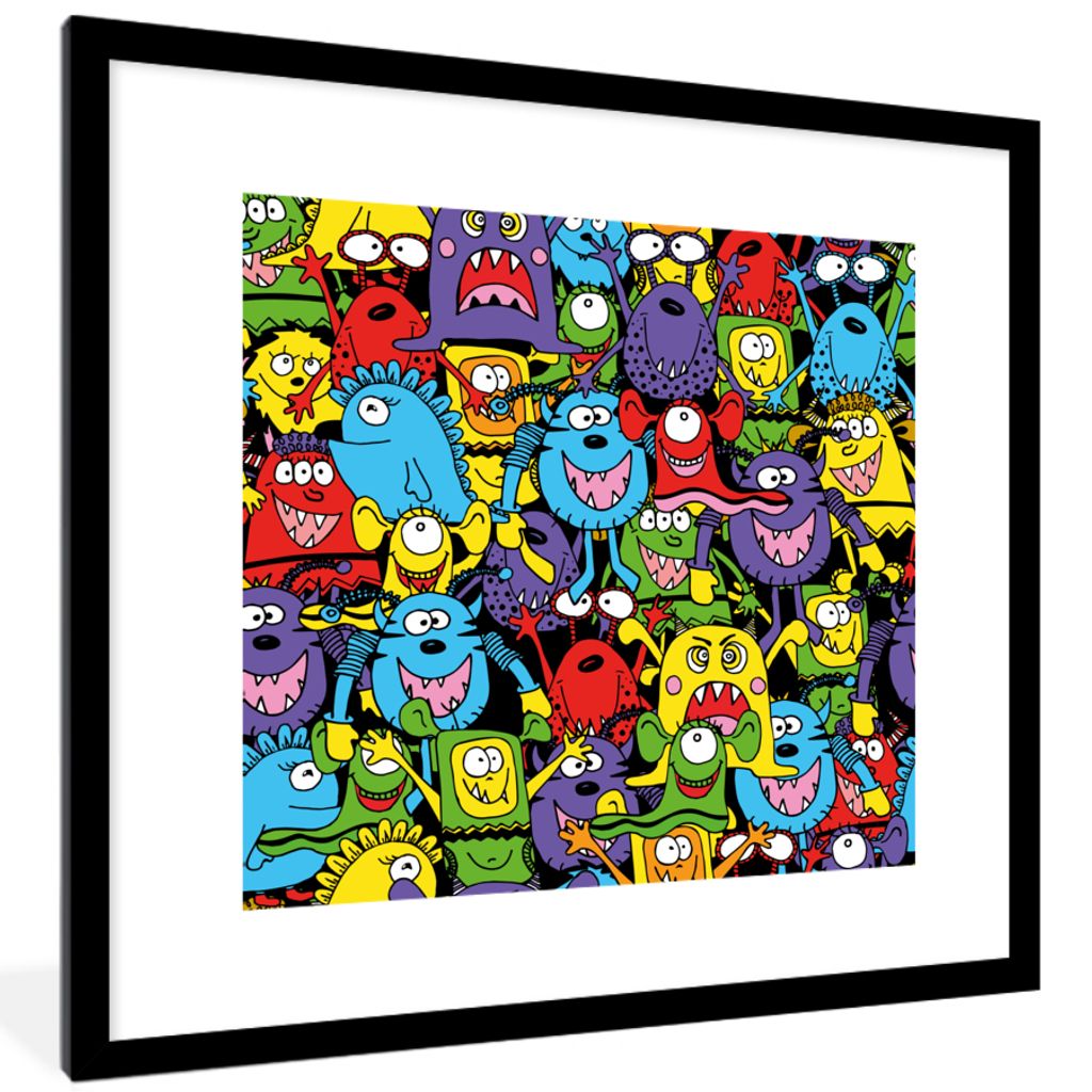 MuchoWow Gerahmtes Poster Muster - Monster - Lustig - Abstrakt - Mädchen - Jungen 40x40 cm - Poster mit Schwarzem Bilderrahmen Wandposter Rahmen...