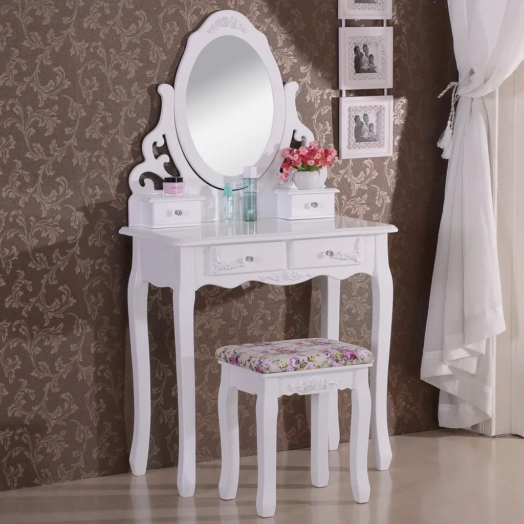 Coiffeuse 4 tiroirs WOLTU MB6024cm avec miroir et tabouret, 75x139cm