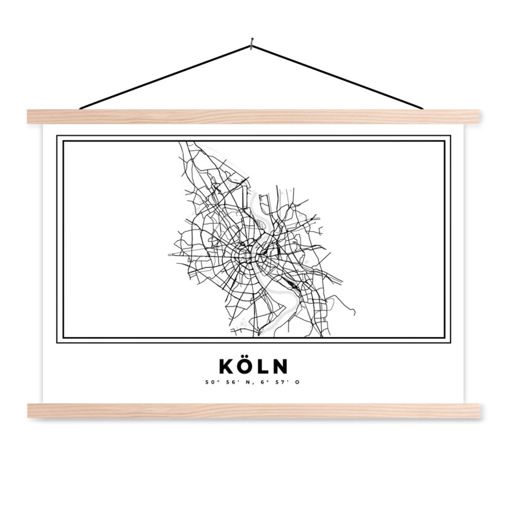 MuchoWow Textilposter Stadtplan - Schwarz-weiß - Karte - Köln - Deutschland - Karte 120x80 cm mit holzfarbenen Rahmen - Aufhängeset