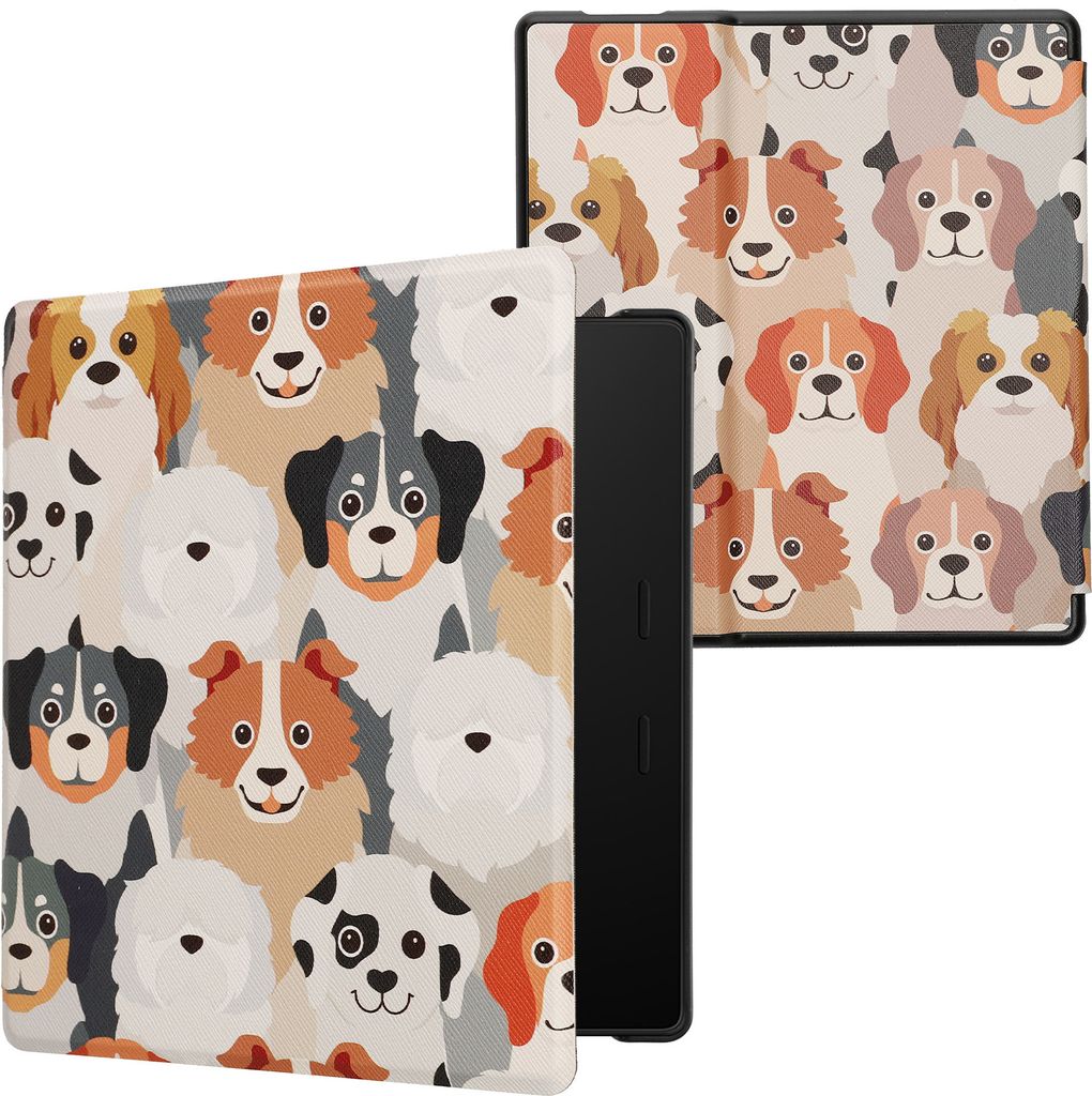 kwmobile Schutzhülle für Amazon Kindle Oasis 10. Generation Hülle - eReader Flip Case mit Auto Sleep Funktion - Viele Hunde mit Weiß Hellbraun ...