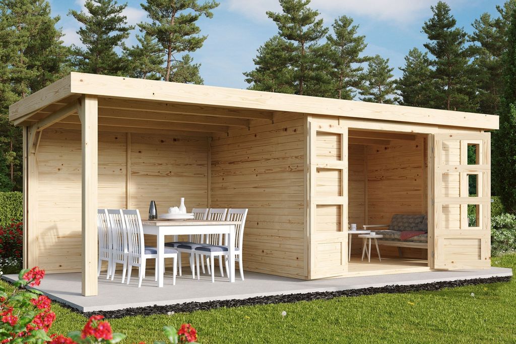Karibu Gartenhaus Gerätehaus Kerko 5 im Set mit Anbaudach 2,40 m Breite und 19 mm und Rückwand naturbelassen 522x246x210 cm