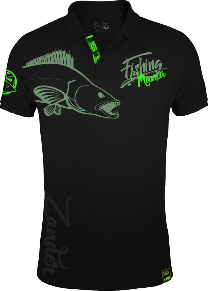HOTSPOT DESIGN Polo Shirt Fishing Mania Zander, XXL, schwarz-grün, Zanderangler Poloshirt, 010200505