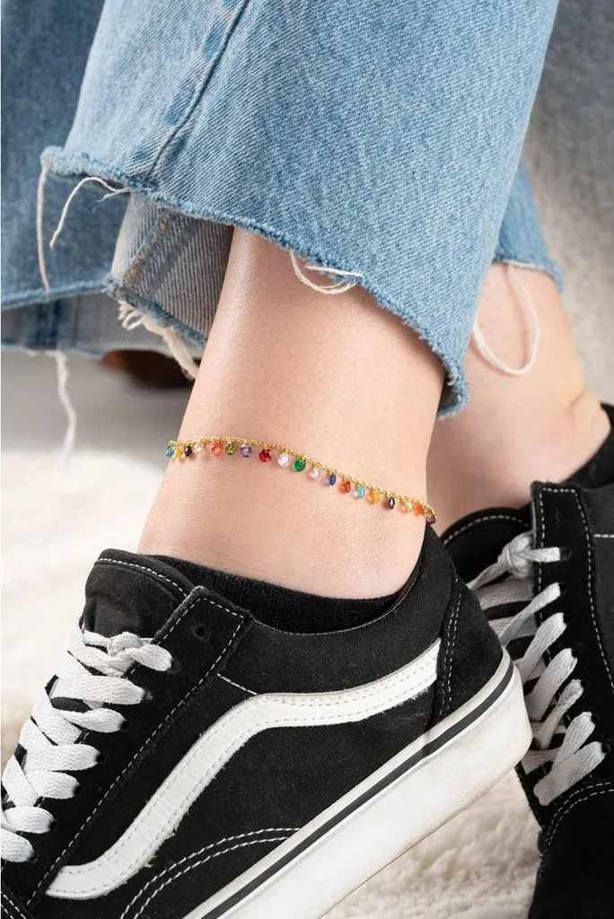 Chaîne de cheville femme en argent doré avec pampilles multicolores