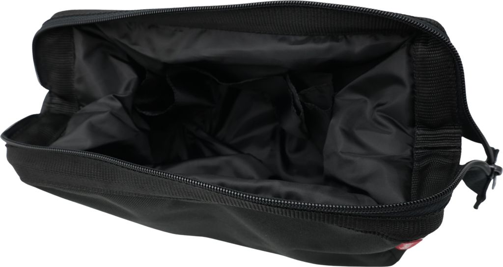 An open black travel cosmetic bag with internal compartments.