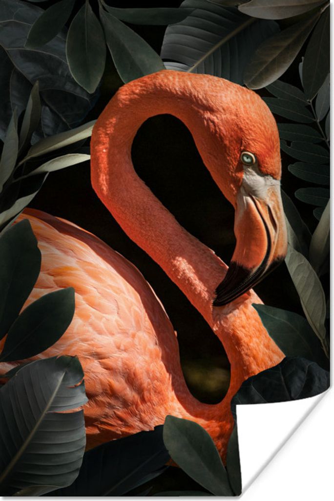 MuchoWow Poster Flamingo - Porträt - Blätter 60x90 cm - Wanddekoration