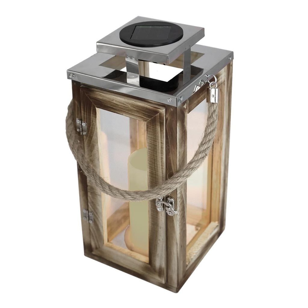 Lanterne solaire chic en bois naturel et inox effet bougie Image du produit 