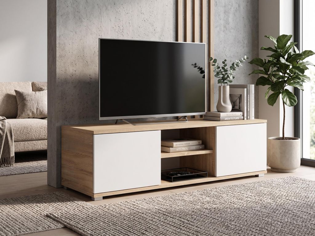 Mobile TV basso da 120 cm in rovere Sonoma e bianco | Immagine del prodotto 
