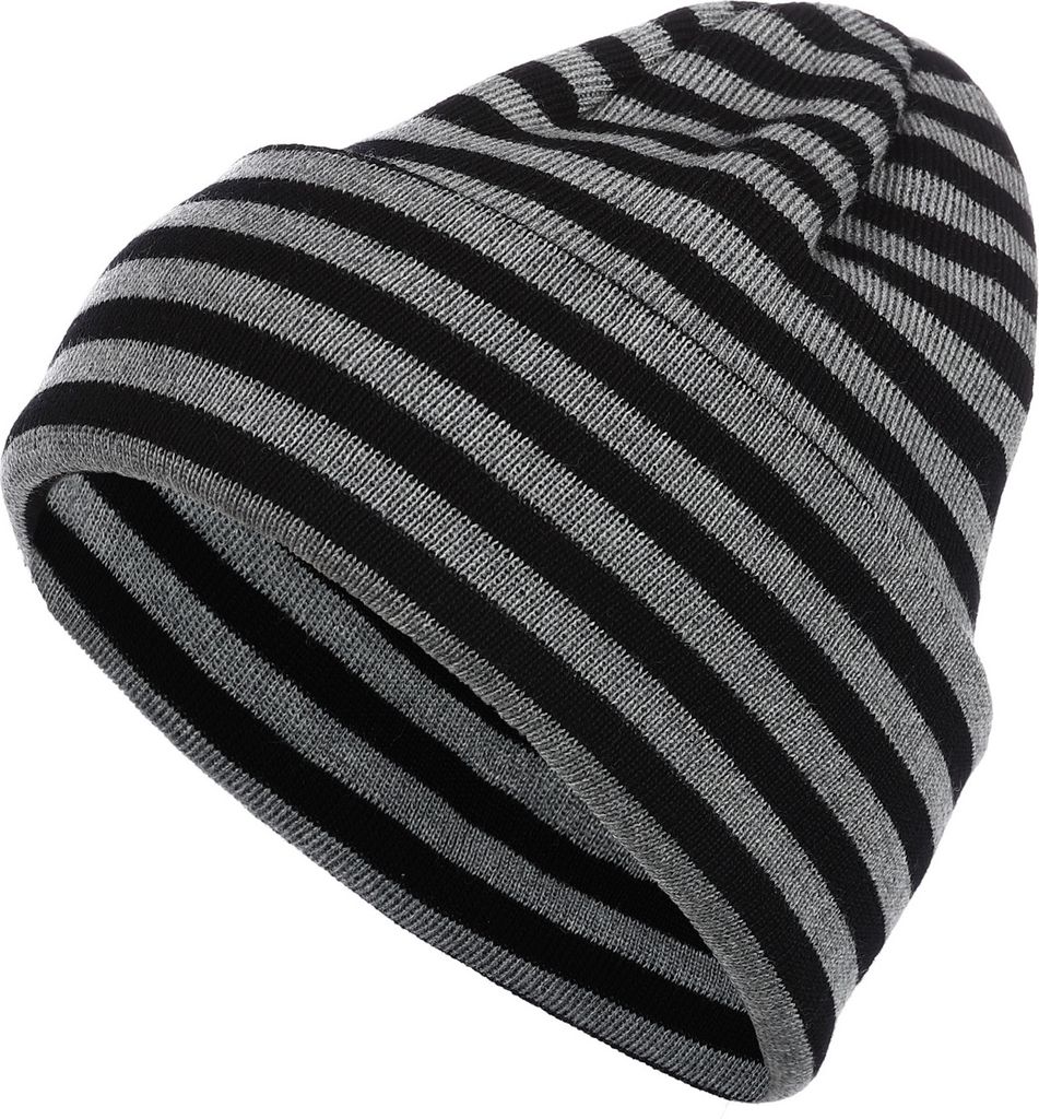 modAS Uni Strickmütze Mütze gestreift geringelt - Damen Herren Ringelmütze aus reiner Schurwolle Merino in Schwarz / Grau