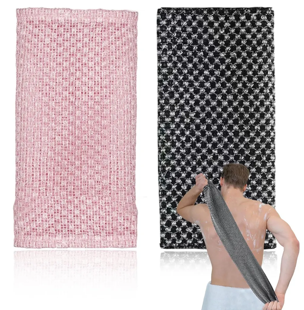 Lot de 2 gants de gommage japonais et brosses pour le dos noir et rose