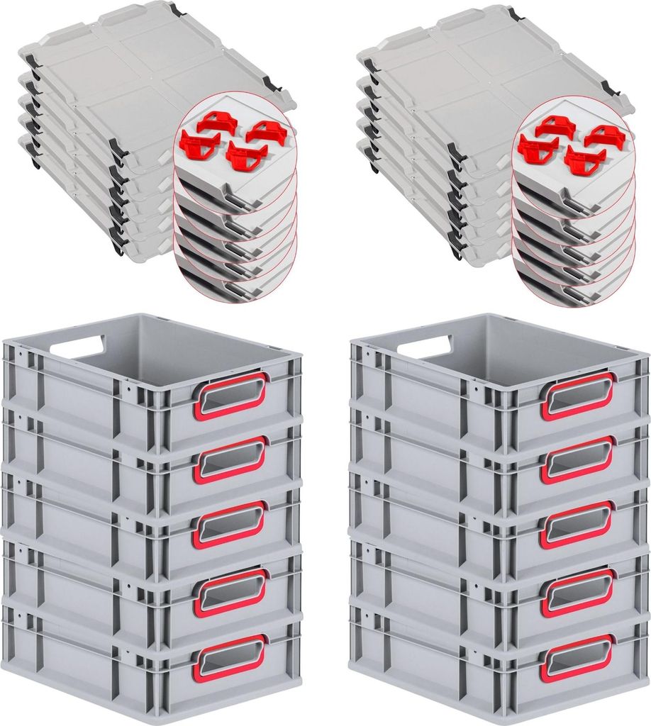 SparSet 10x Eurobox NextGen Color mit Auflagedeckel und Schiebeschnappverschlüsse | HxBxT 12x30x40cm | 11 Liter | Griffe rot offen | Glatter Boden...